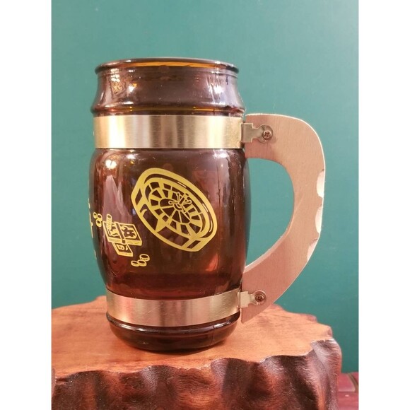 Vintage 1970s Atlantic City NJ Souvenir Mug Amber Glass Wooden Handle SiestaWare - Picture 3 of 3